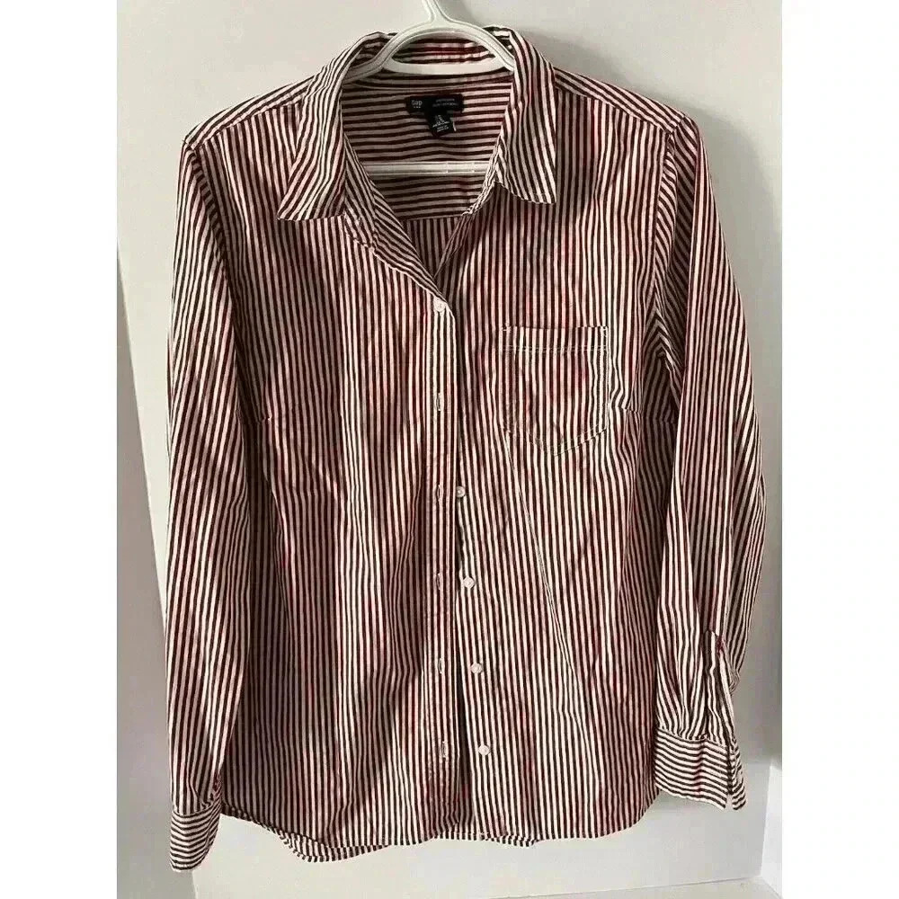Gap Maroon Striped Button Down Boyfriend Shirt